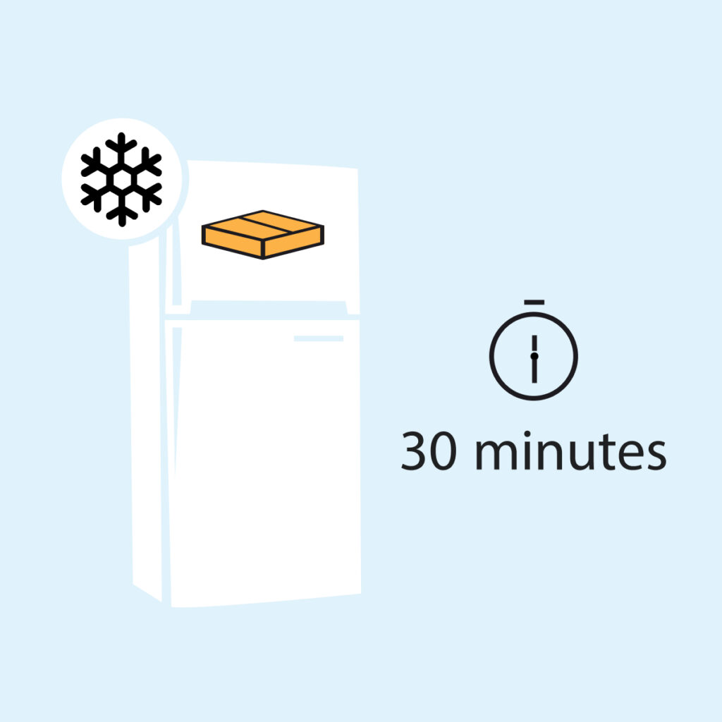 An infographic of a test kit in a refrigerator. A timer shows 30 minutes.